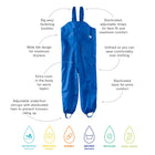 Originals Waterproof Dungarees Blue, with elasticated straps and underfoot stirrups. Breathable, durable and machine washable.